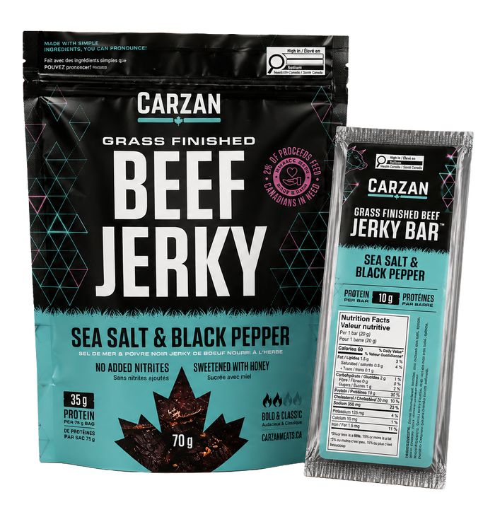 Grass-finished beef jerky graphic for Carzan Meats