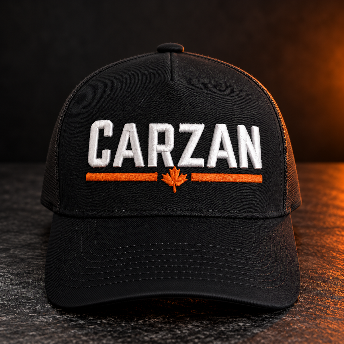 Carzan Canvas Hat in All Black, front view with raised white Carzan logo