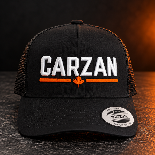 Carzan Trucker Hat in All Black, front view with raised white Carzan logo