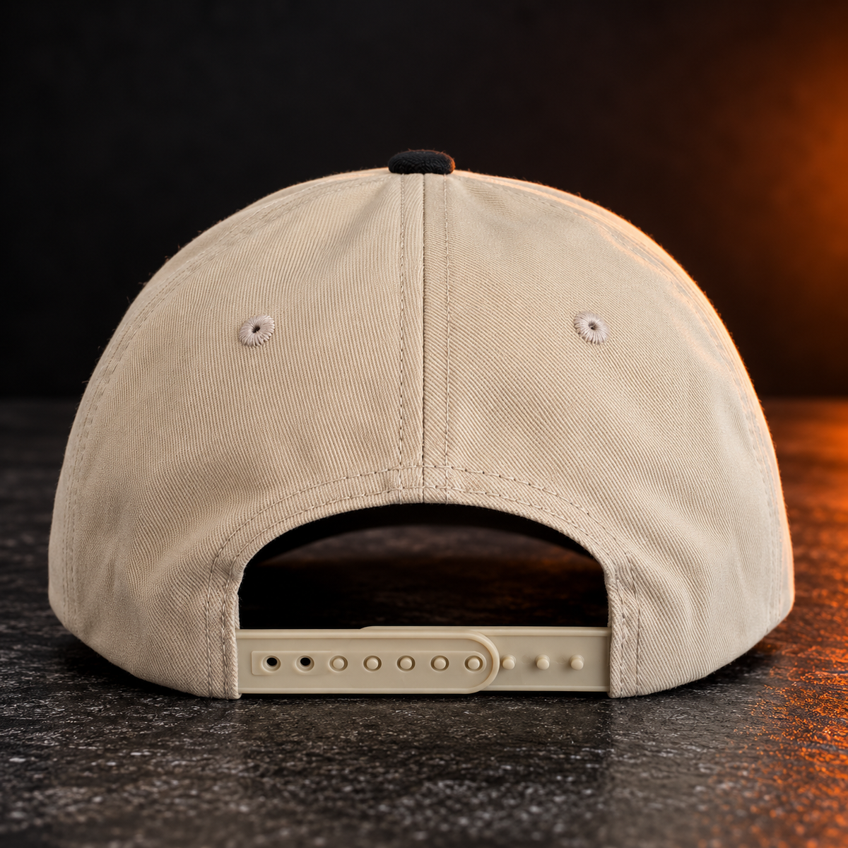 Carzan Canvas Hat in Putty, back view with snapback closure