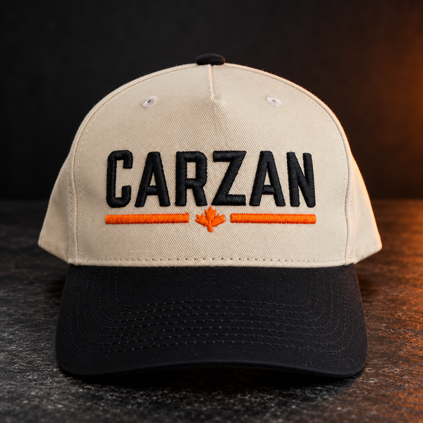 Carzan Canvas Hat in Putty with black brim, front view with raised Carzan logo