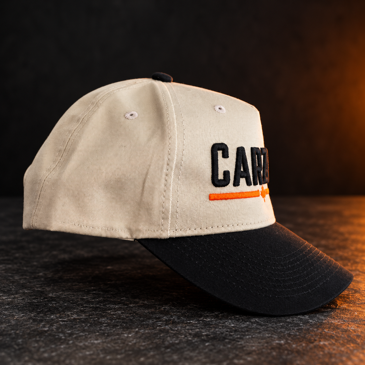 Carzan Canvas Hat in Putty with black brim, side view
