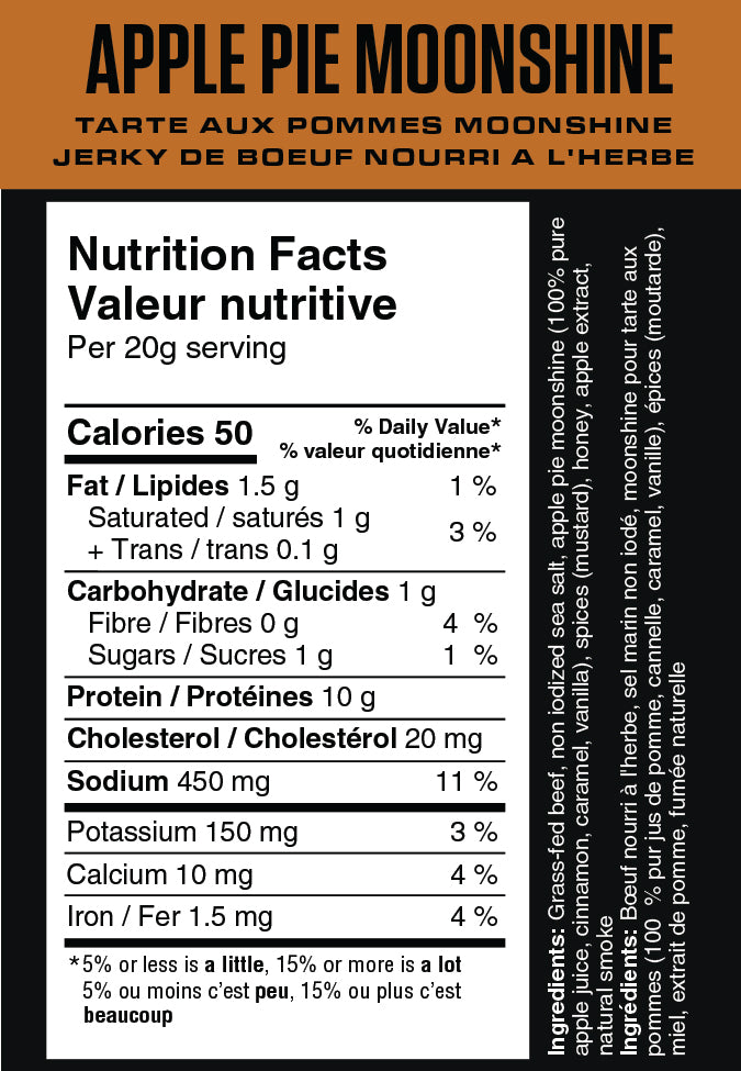 Nutrition facts label for Apple Pie Moonshine with detailed information on calories, macronutrients, and micronutrients per serving.