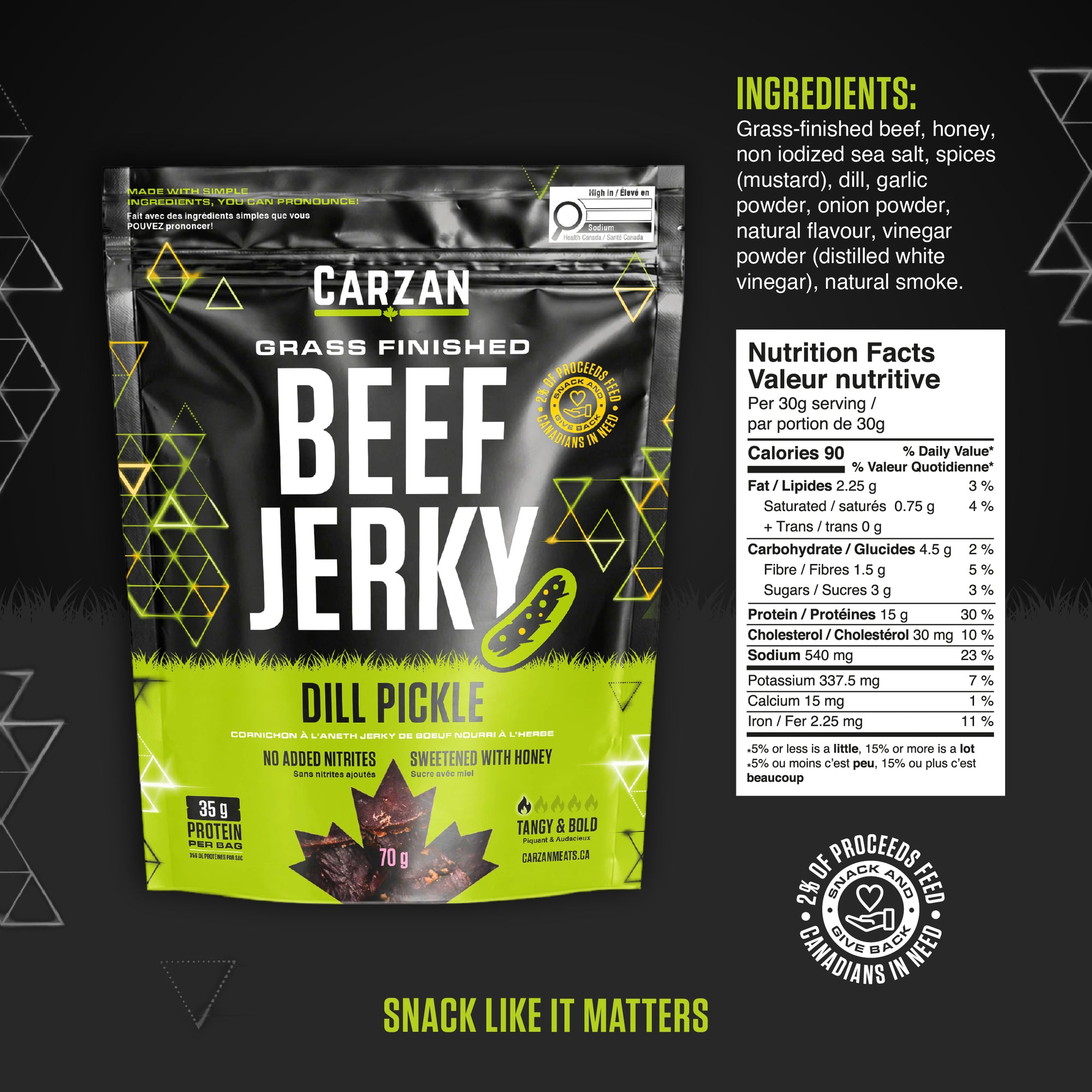 Carzan Dill Pickle Beef Jerky bag nutrition facts and ingredients label