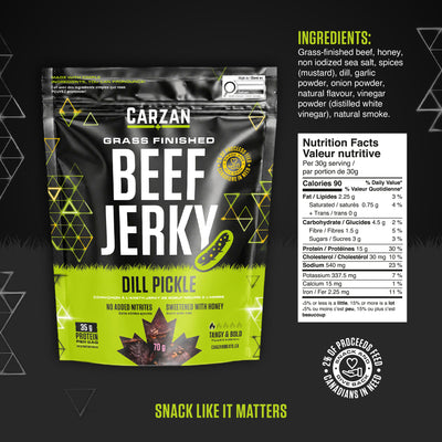 Carzan Dill Pickle Beef Jerky bag nutrition facts and ingredients label