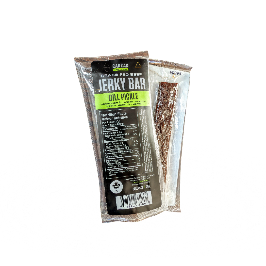 Front and back image of Carzan Dill Pickle Jerky Bar