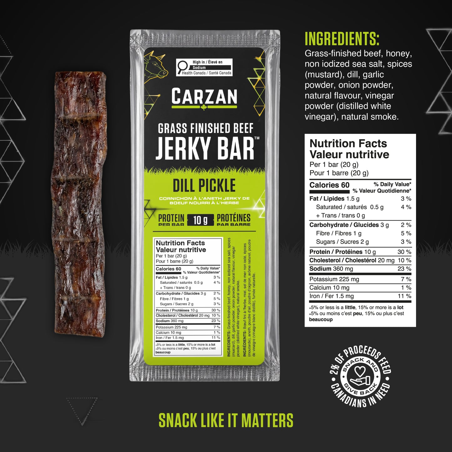 Carzan Dill Pickle Beef Jerky Bar nutrition facts and ingredients label