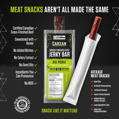 Comparison chart of Carzan Dill Pickle Beef Jerky Bar versus average meat snacks on protein, sugar, and ingredient quality