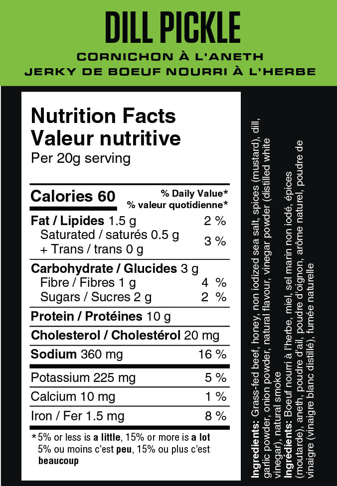 Nutrition facts label for dill pickle beef jerky