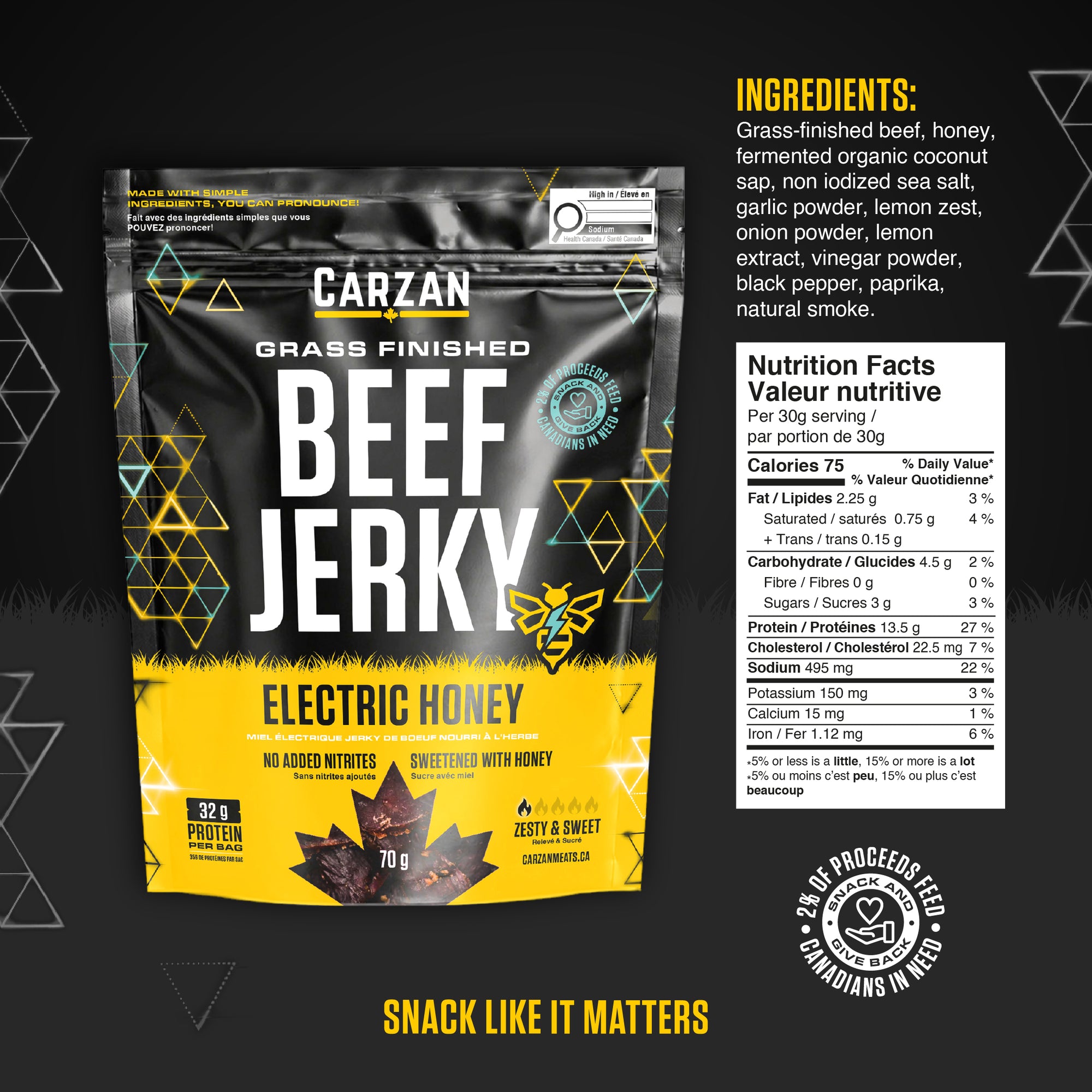 Carzan Electric Honey Beef Jerky bag nutrition facts and ingredients label