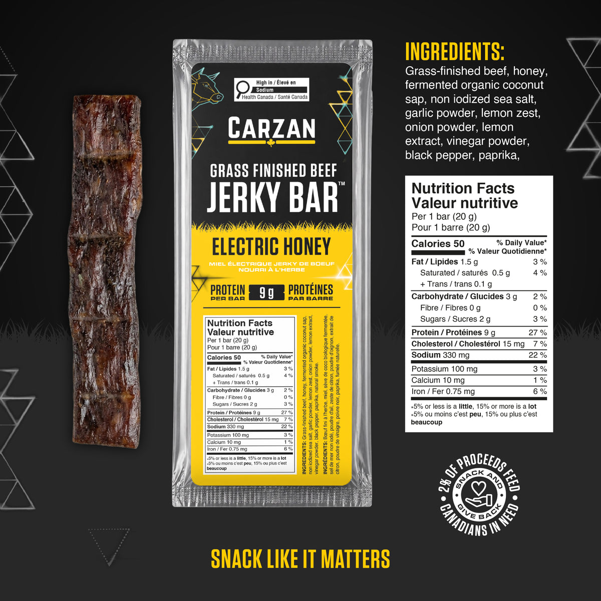 Carzan Electric Honey Beef Jerky Bar nutrition facts and ingredients label