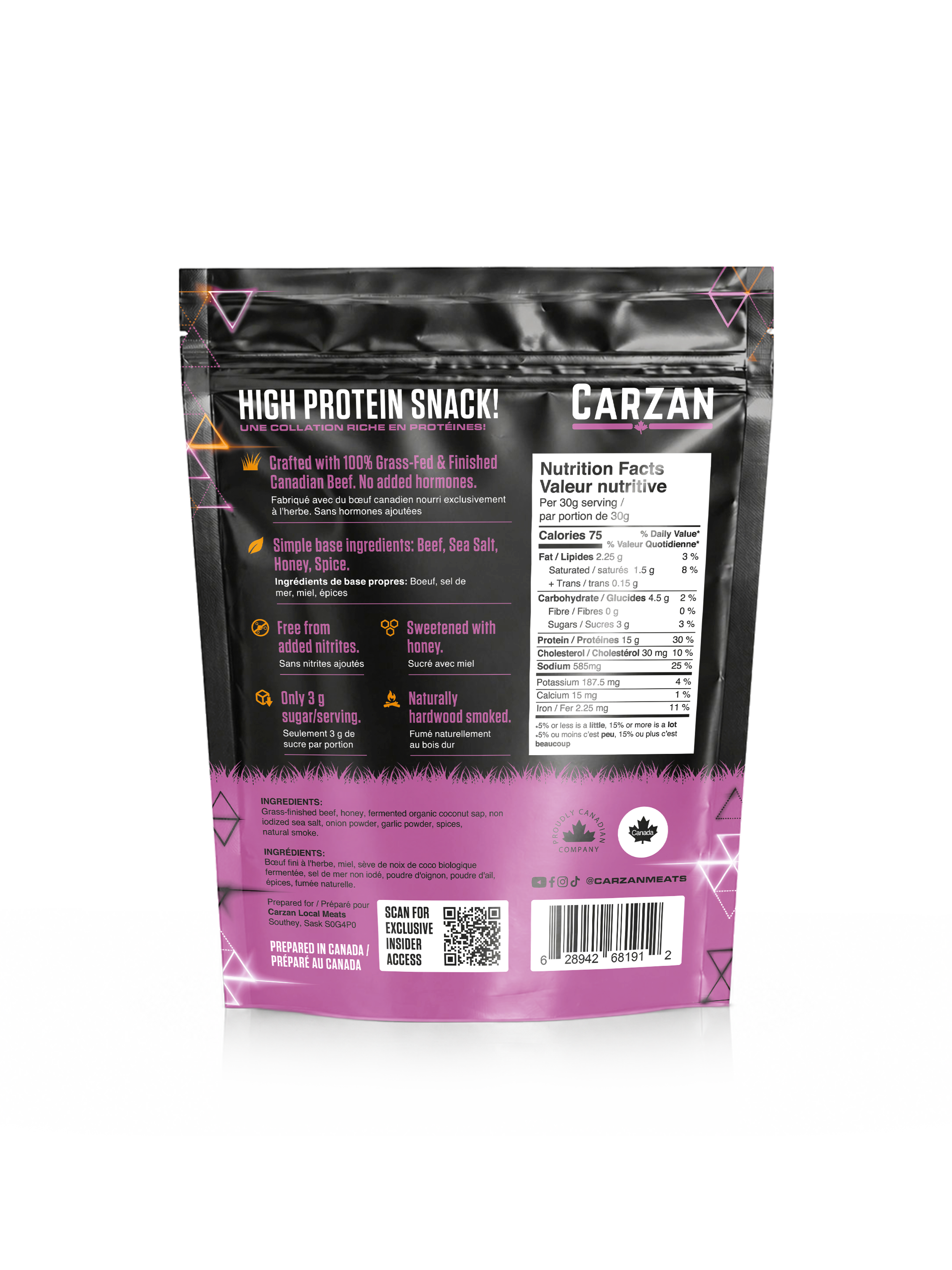 Back of Carzan Ginger Beef grass-fed beef jerky bites bag showing nutrition facts
