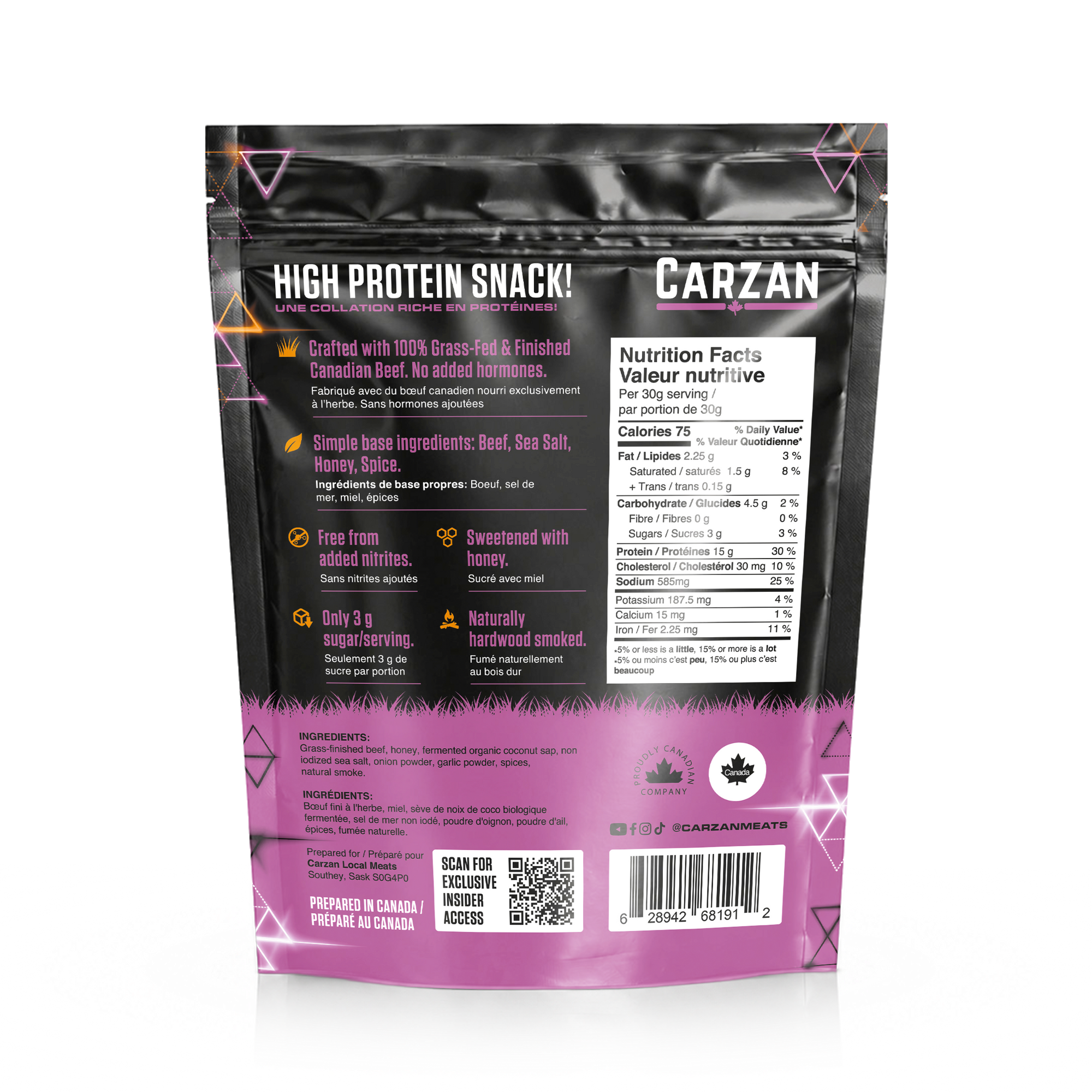 Back of Carzan Ginger Beef grass-fed beef jerky bites bag showing nutrition facts