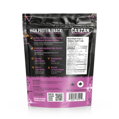 Back of Carzan Ginger Beef grass-fed beef jerky bites bag showing nutrition facts