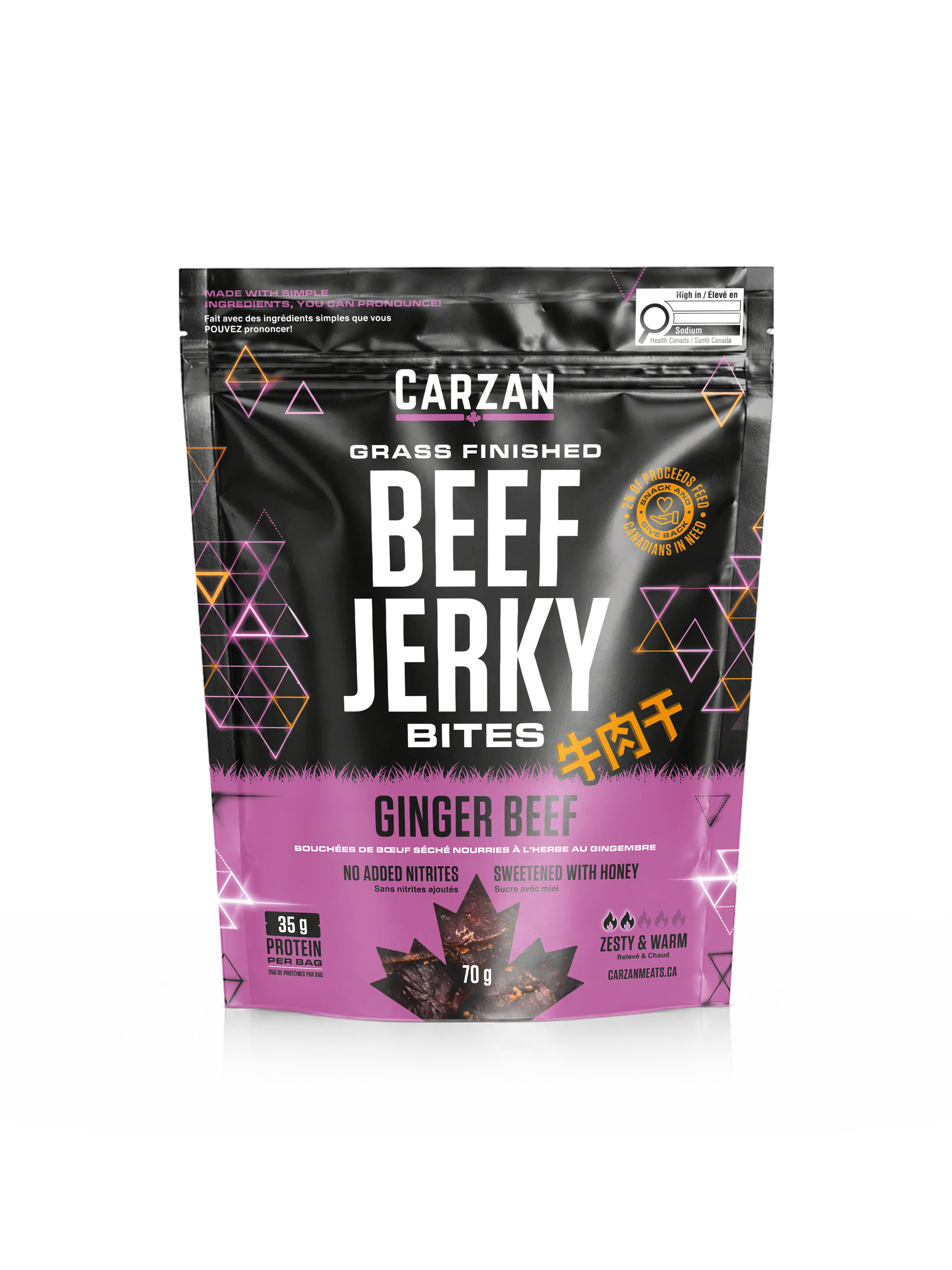 Front of Carzan Ginger Beef grass-fed beef jerky bites bag