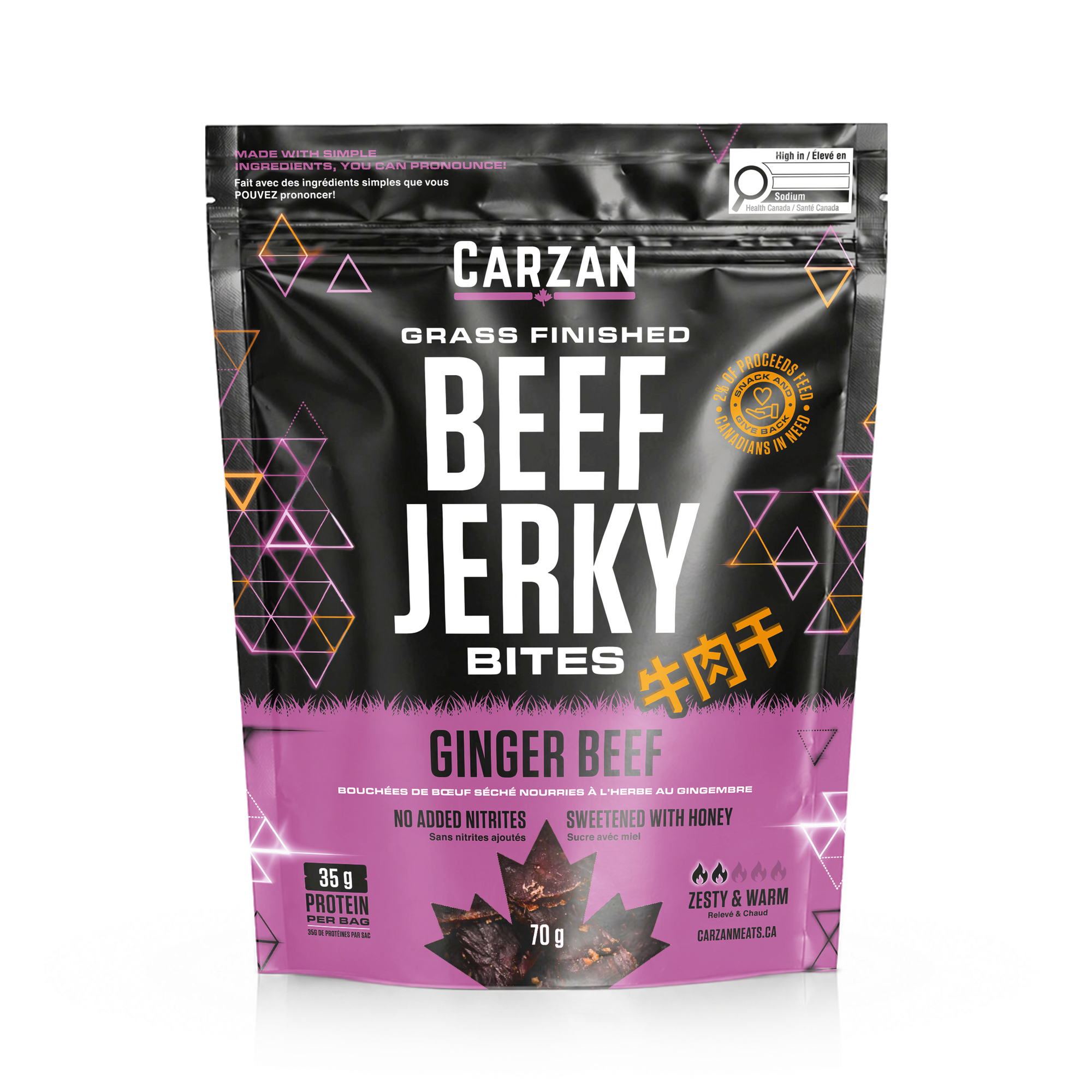 Front of Carzan Ginger Beef grass-fed beef jerky bites bag