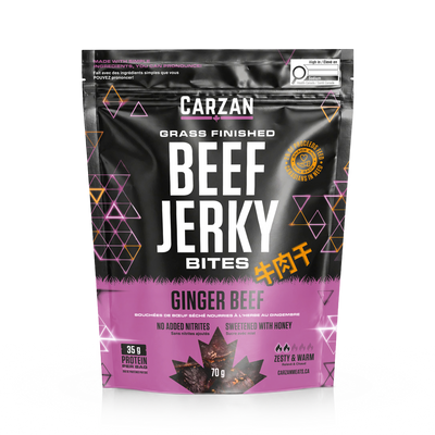 Front of Carzan Ginger Beef grass-fed beef jerky bites bag