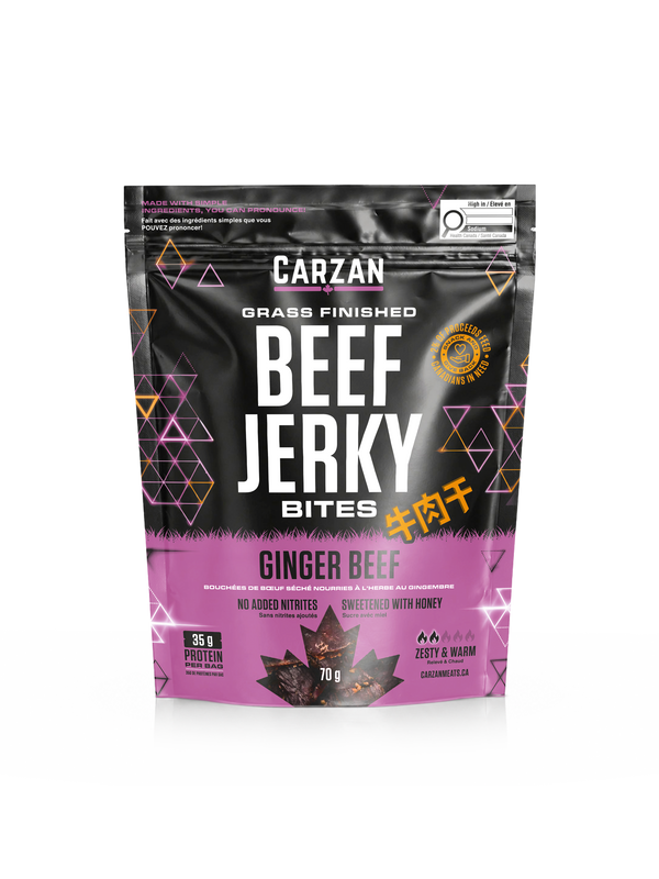 Front of Carzan Ginger Beef grass-fed beef jerky bites bag