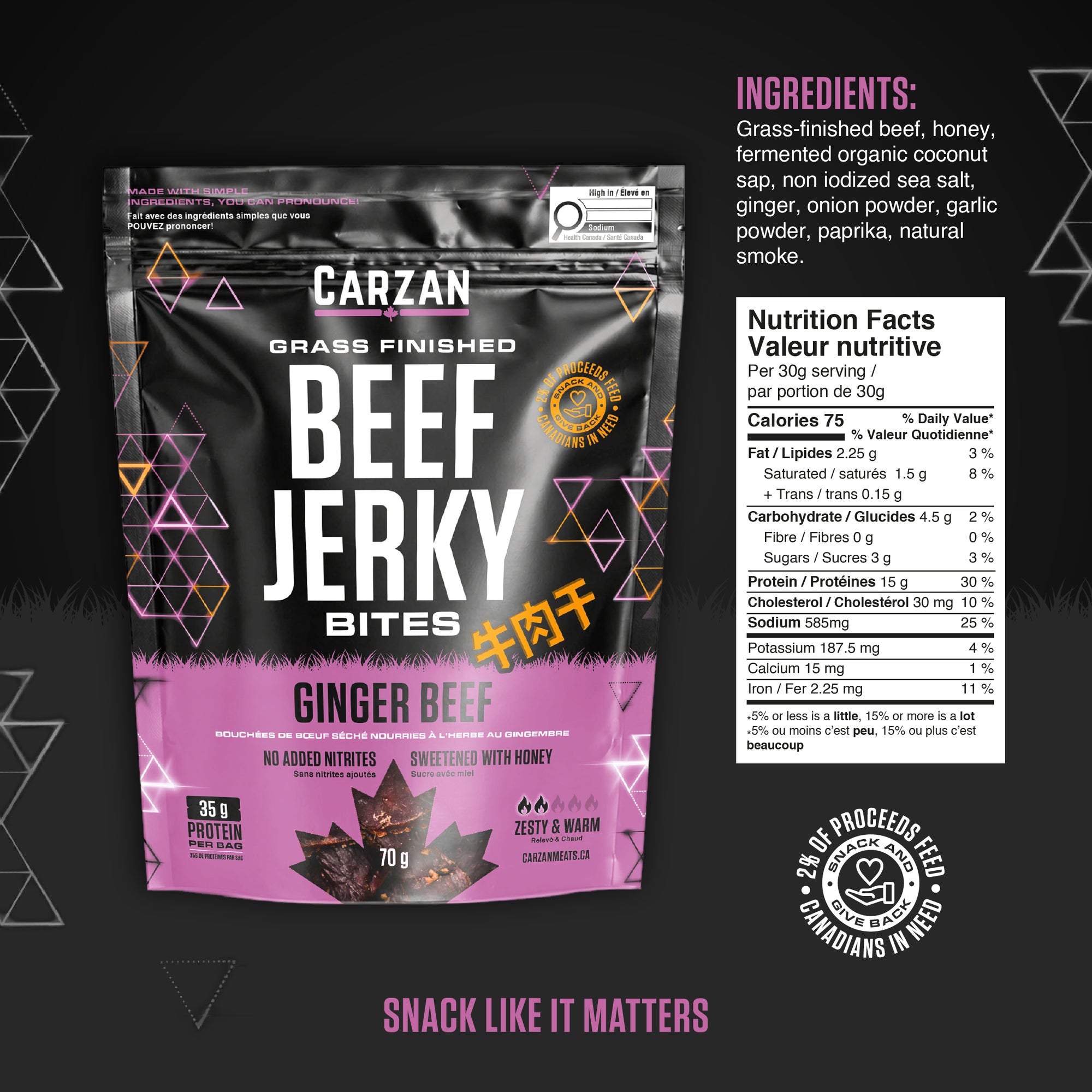 Carzan Ginger Beef Jerky Bites bag nutrition facts and ingredients label