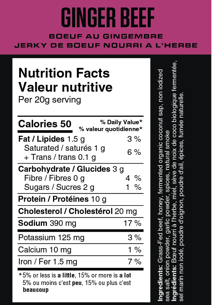 Nutrition facts label for ginger beef jerky