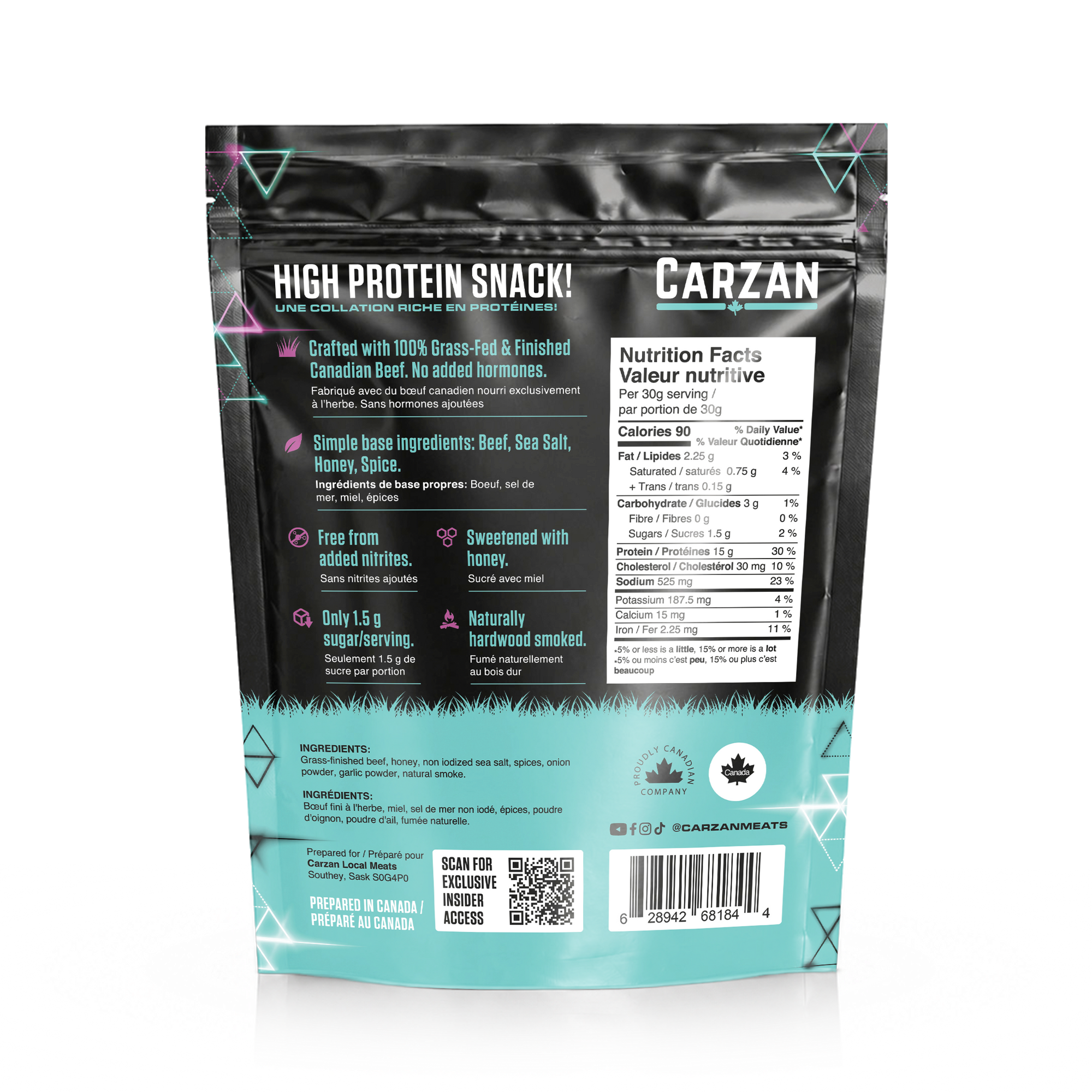 Back of Carzan Sea Salt & Black Pepper grass-fed beef jerky bag showing nutrition facts