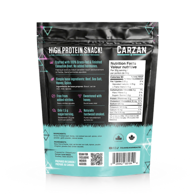 Back of Carzan Sea Salt & Black Pepper grass-fed beef jerky bag showing nutrition facts