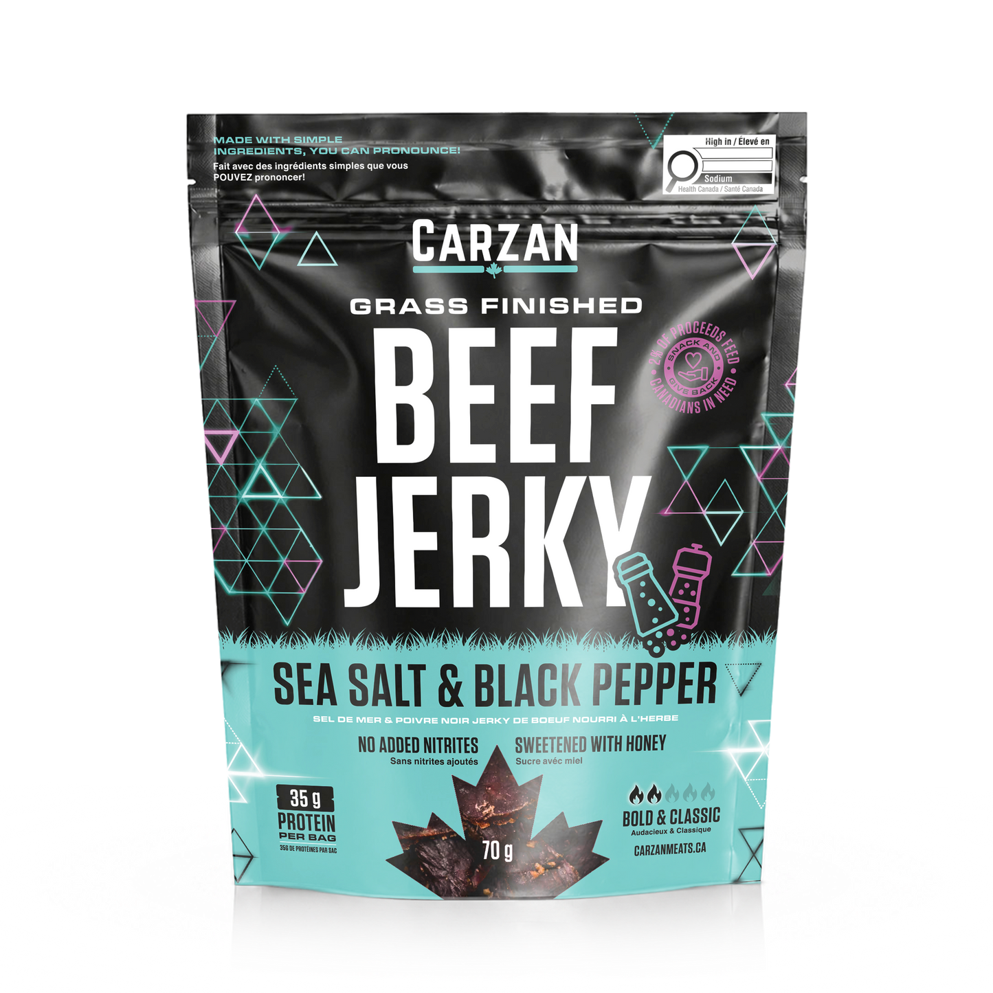 Front of Carzan Sea Salt & Black Pepper grass-fed beef jerky bag