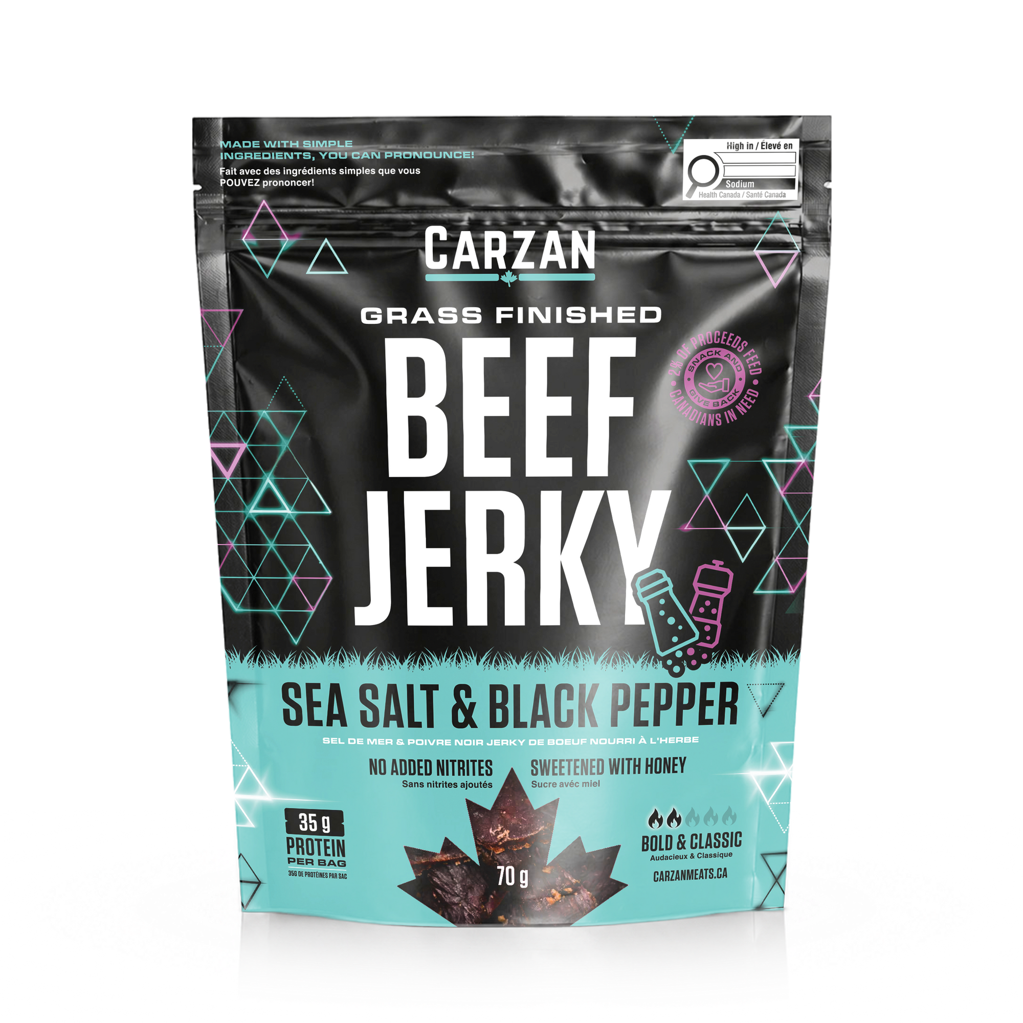 Front of Carzan Sea Salt & Black Pepper grass-fed beef jerky bag