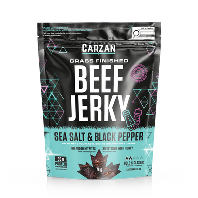 Front of Carzan Sea Salt & Black Pepper grass-fed beef jerky bag
