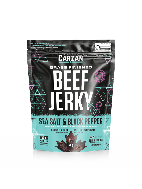 Front of Carzan Sea Salt & Black Pepper grass-fed beef jerky bag