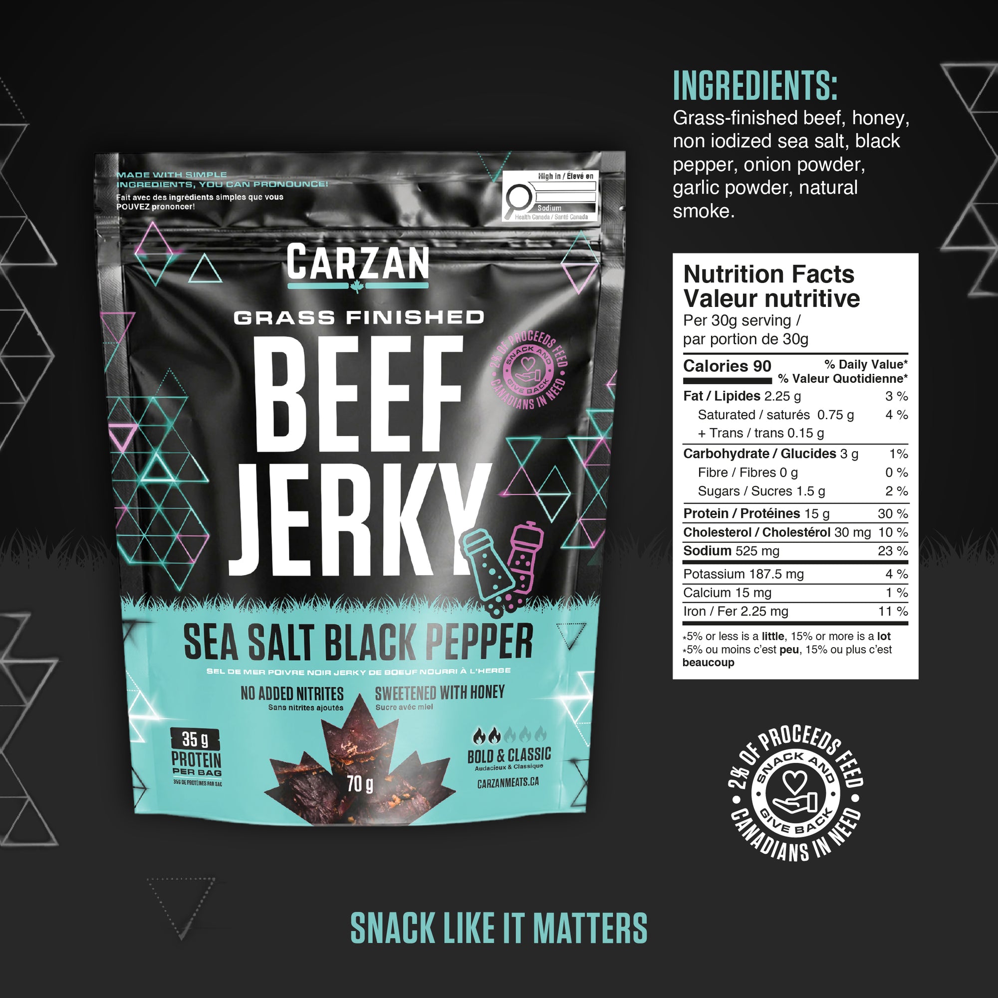 Carzan Sea Salt Black Pepper Beef Jerky bag nutrition facts and ingredients label