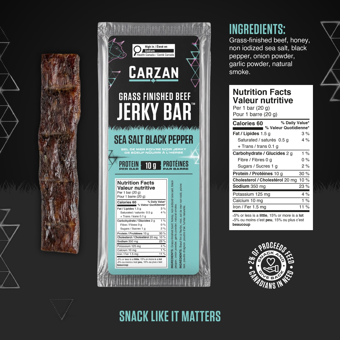 Carzan Sea Salt Black Pepper Beef Jerky Bar nutrition facts and ingredients label
