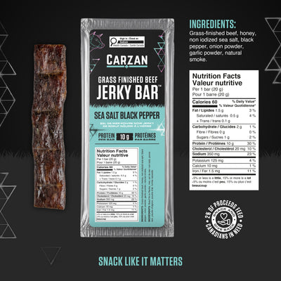 Carzan Sea Salt Black Pepper Beef Jerky Bar nutrition facts and ingredients label