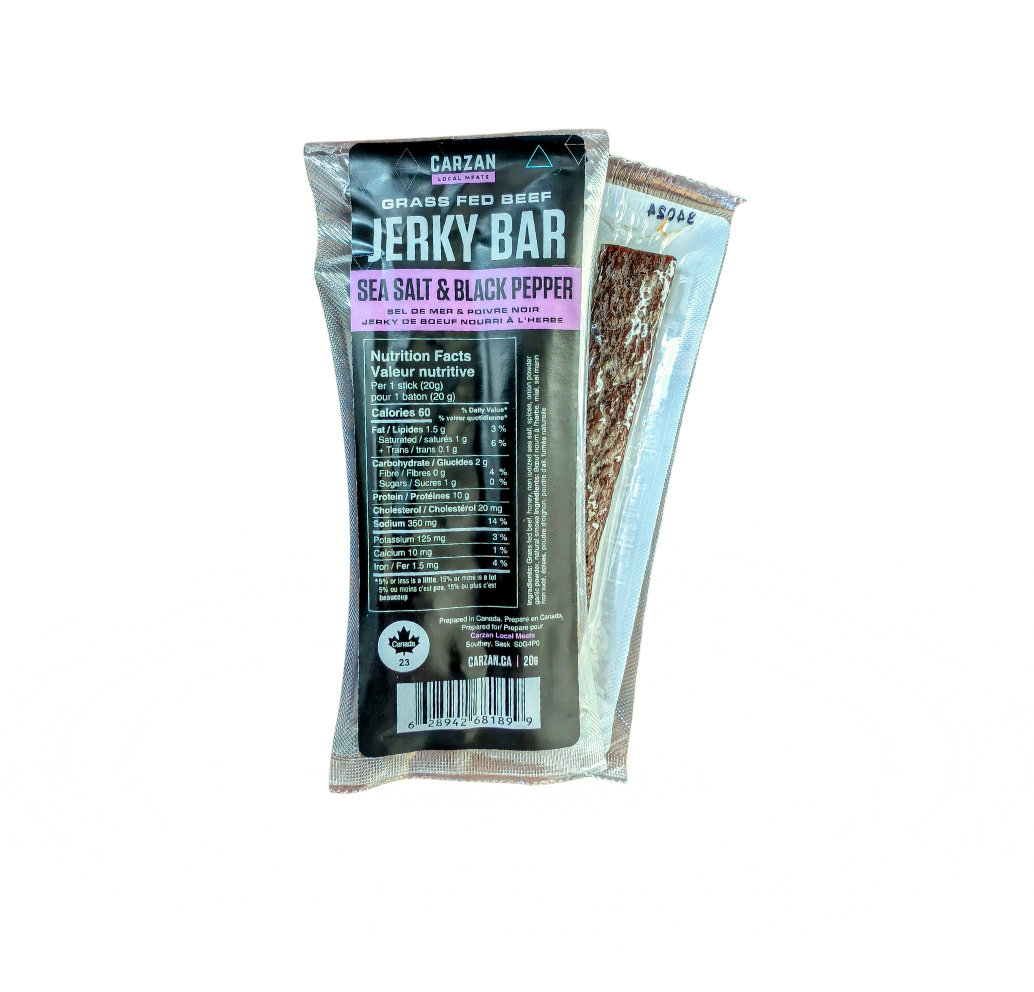 Front and back image of Carzan Sea Salt Black Pepper Jerky Bar