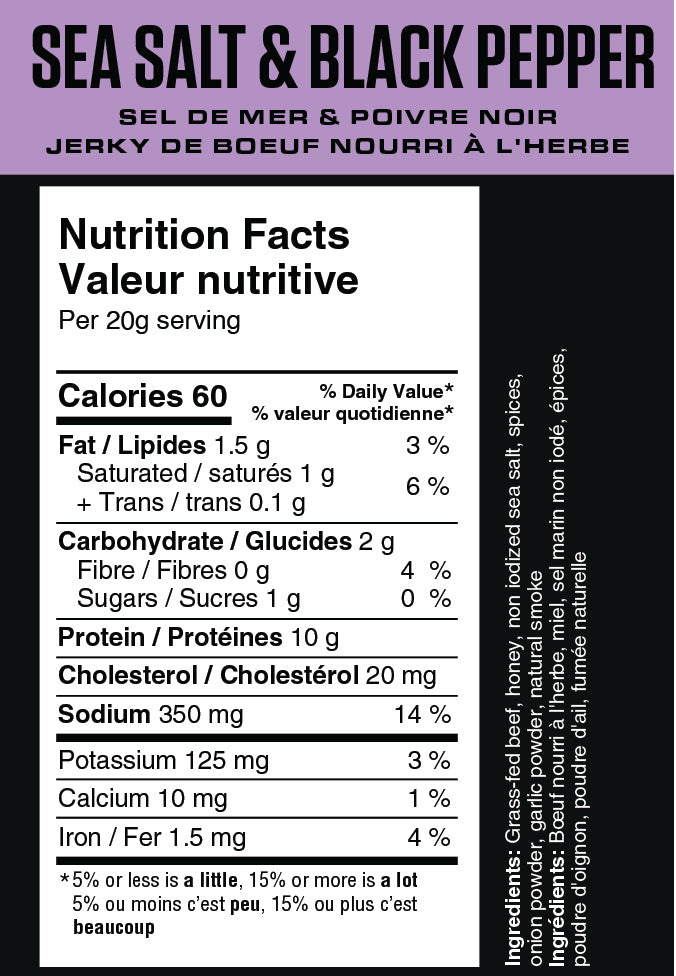 Nutrition facts label for beef jerky with sea salt and black pepper flavor.