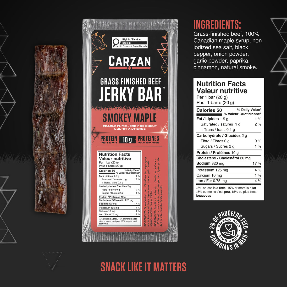 Carzan Smokey Maple Beef Jerky Bar nutrition facts and ingredients label