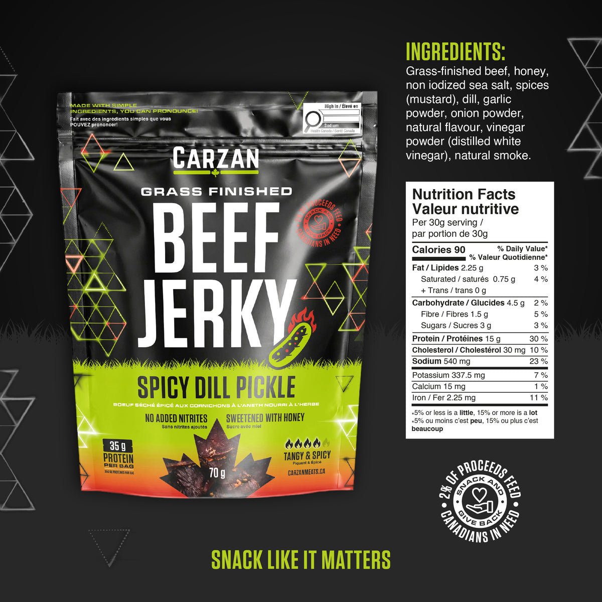 Carzan Spicy Dill Pickle Beef Jerky bag nutrition facts and ingredients label