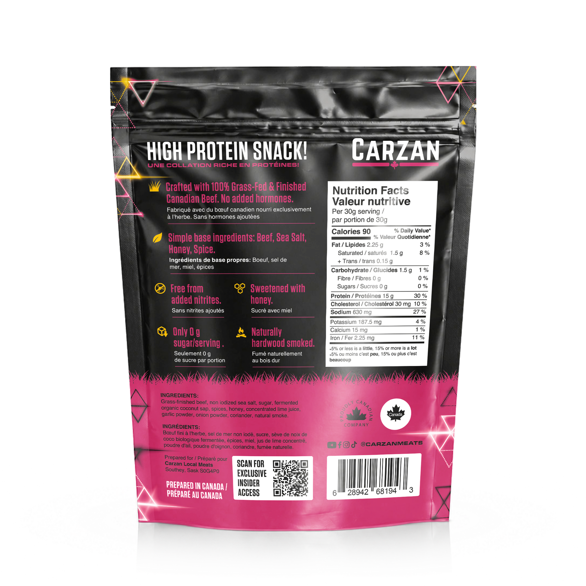 Back of Carzan Street Taco grass-fed beef jerky bites bag showing nutrition facts