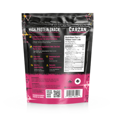 Back of Carzan Street Taco grass-fed beef jerky bites bag showing nutrition facts