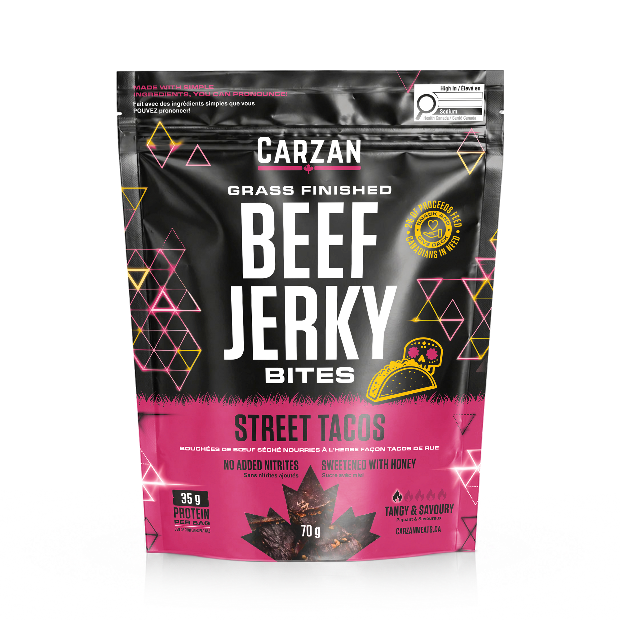 Front of Carzan Street Taco grass-fed beef jerky bites bag
