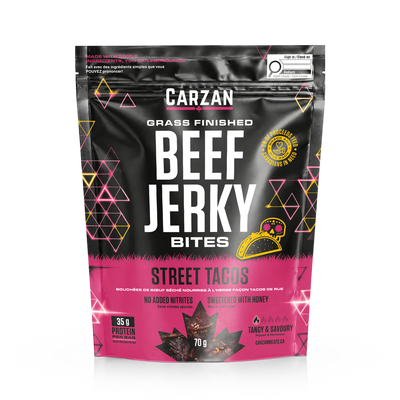 Front of Carzan Street Taco grass-fed beef jerky bites bag