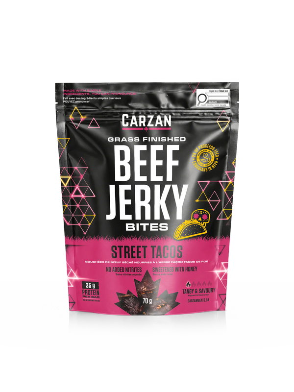 Front of Carzan Street Taco grass-fed beef jerky bites bag