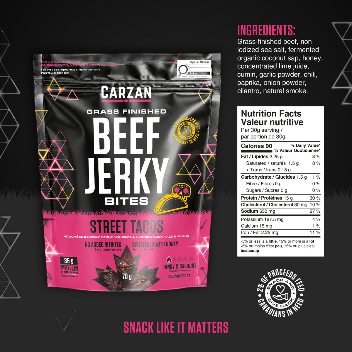 Carzan Street Taco Jerky Bites bag nutrition facts and ingredients label