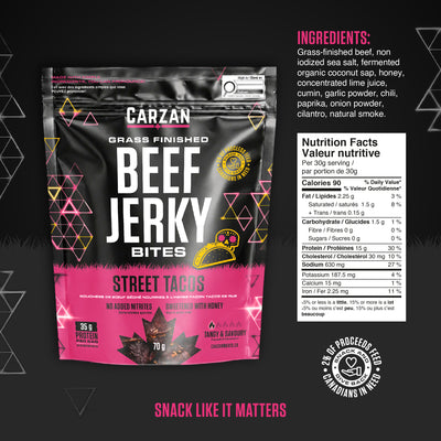 Carzan Street Taco Jerky Bites bag nutrition facts and ingredients label