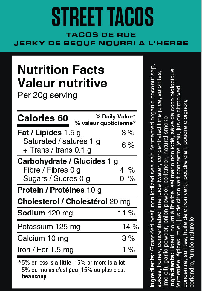 Nutrition facts label for Street Tacos with black text on a white background