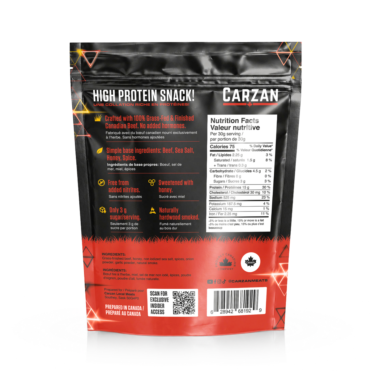 Back of Carzan Sweet Chili Heat grass-fed beef jerky bag showing nutrition facts