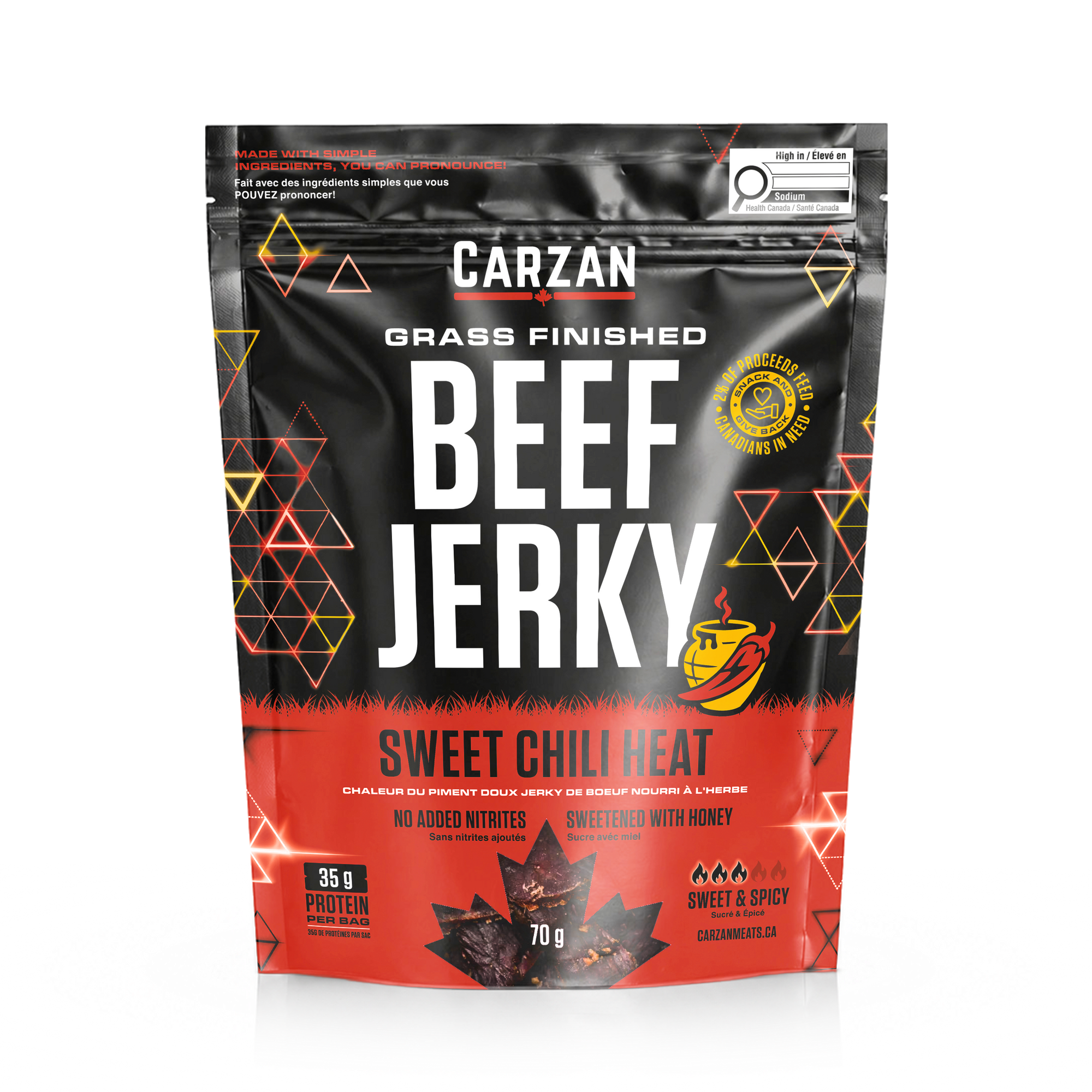 Front of Carzan Sweet Chili Heat grass-fed beef jerky bag