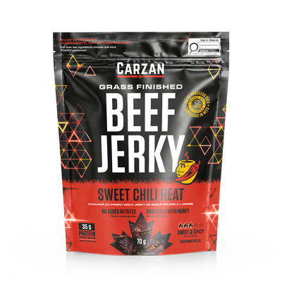 Front of Carzan Sweet Chili Heat grass-fed beef jerky bag