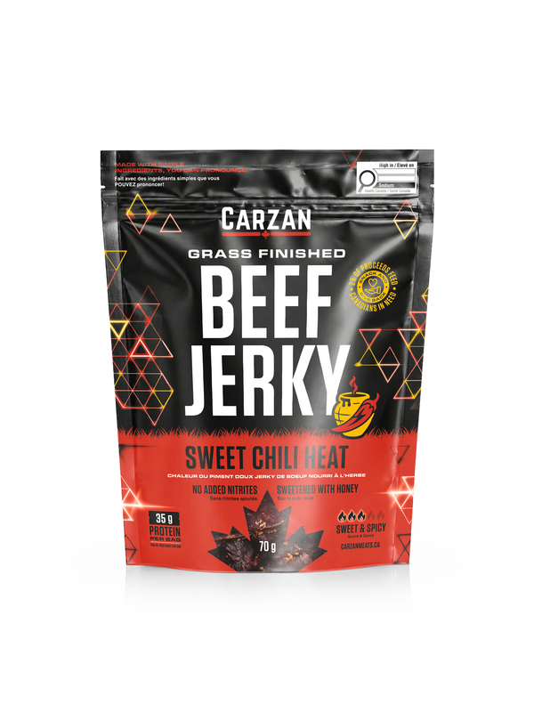 Front of Carzan Sweet Chili Heat grass-fed beef jerky bag