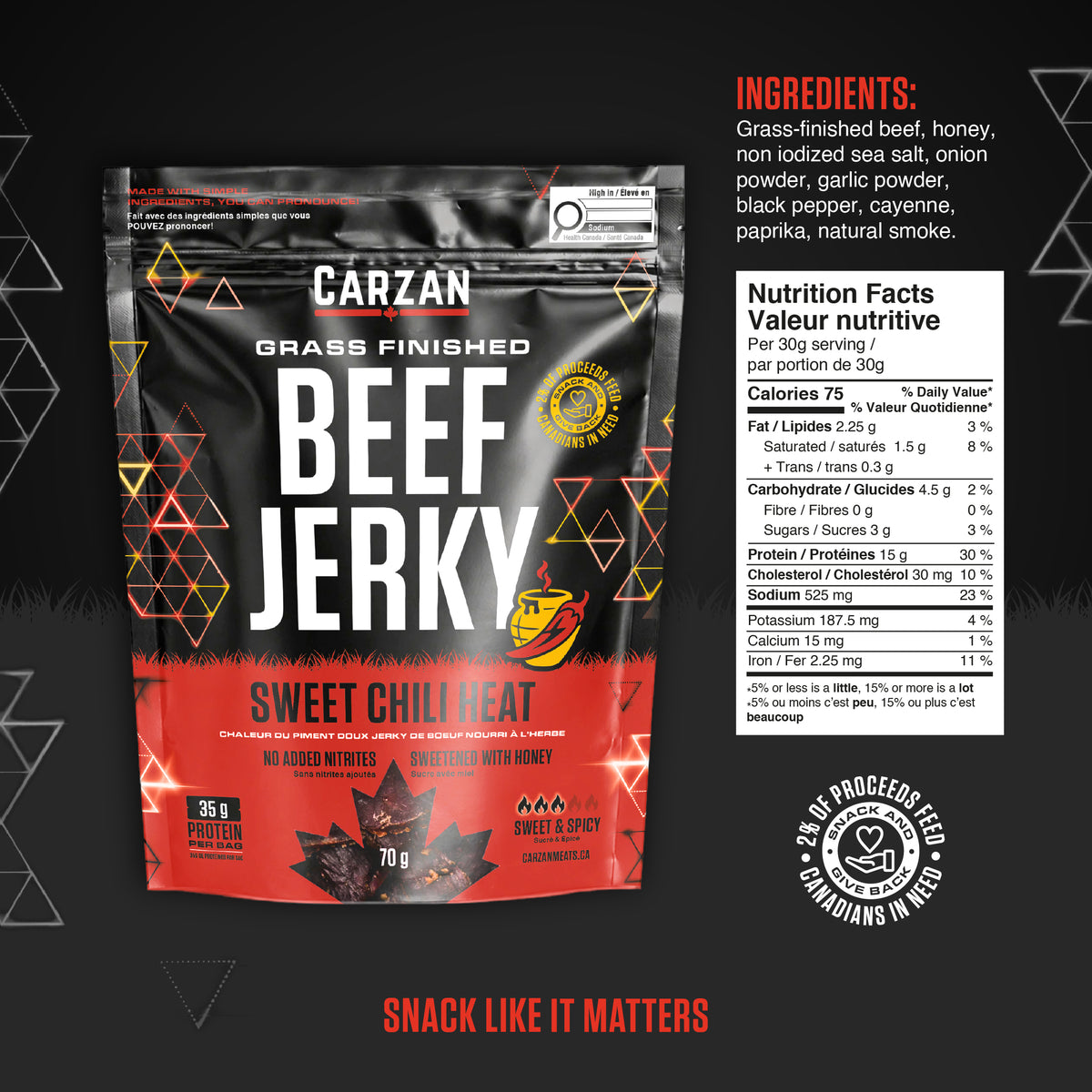 Carzan Sweet Chili Heat Beef Jerky bag nutrition facts and ingredients label